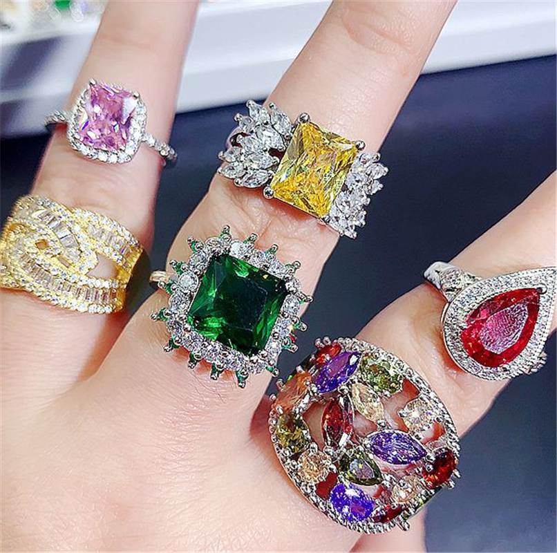 S925 silver Stone Rings Micro Inlaid Semi-Precious Colored Zirconium Ring Real Gold Plated Fashion Vintage Gems Female