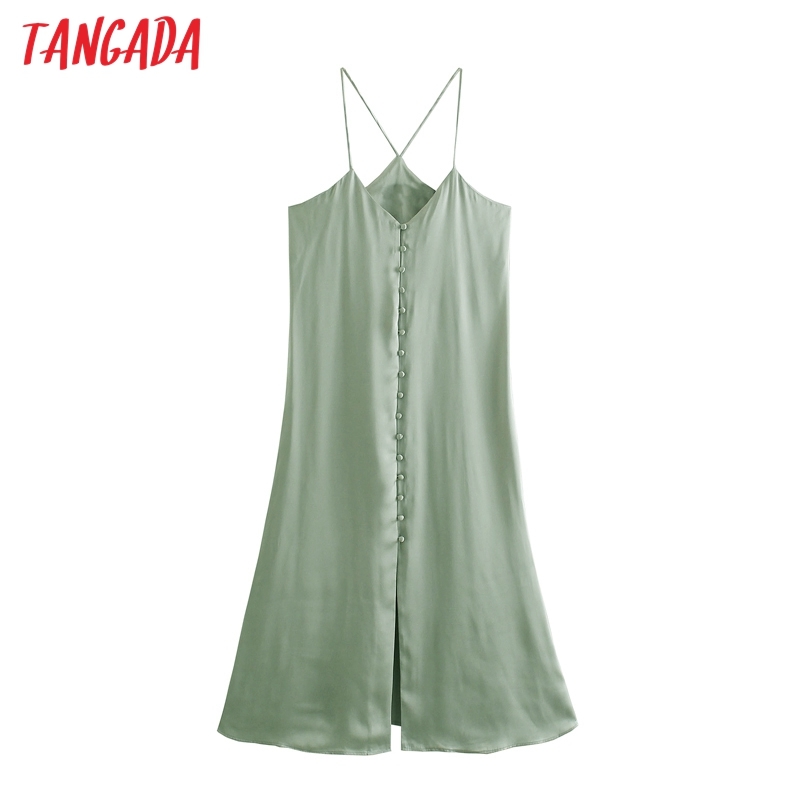Summer Women Satin Midi Halter Sleeveless Stap Ladies Sexy Dress Vestidos JE35 210416
