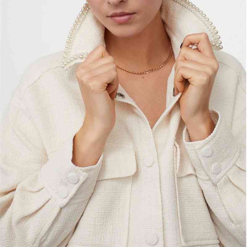 Elegant Women Beige Woolen Coats Fashion Ladies Turn Down Collar Pocket Outerwear Sweet Female Chic Pearl Jackets 210430