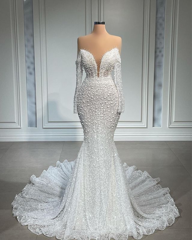 2025 Plus Size Aso Ebi Mermaid Wedding Dress with Beaded Pearls & Lace