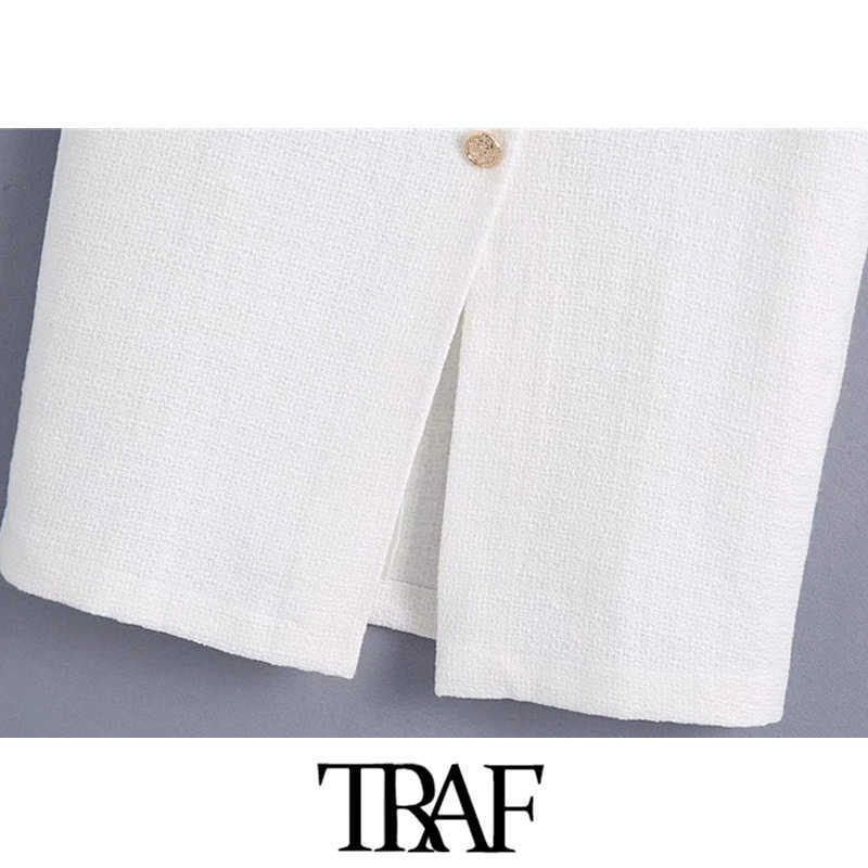 TRAF Women Chic Fashion With Buttons Front Slit Tweed Midi Skirt Vintage High Waist Back Zipper Female Skirts Mujer 210621