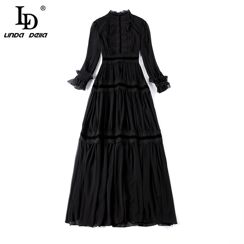 LD LINDA DELLA Fashion Runway Maxi Dresses Women's Long Sleeve Lace Patchwork Ruffles Vintage Black Dress Elegant Party Dress 210409