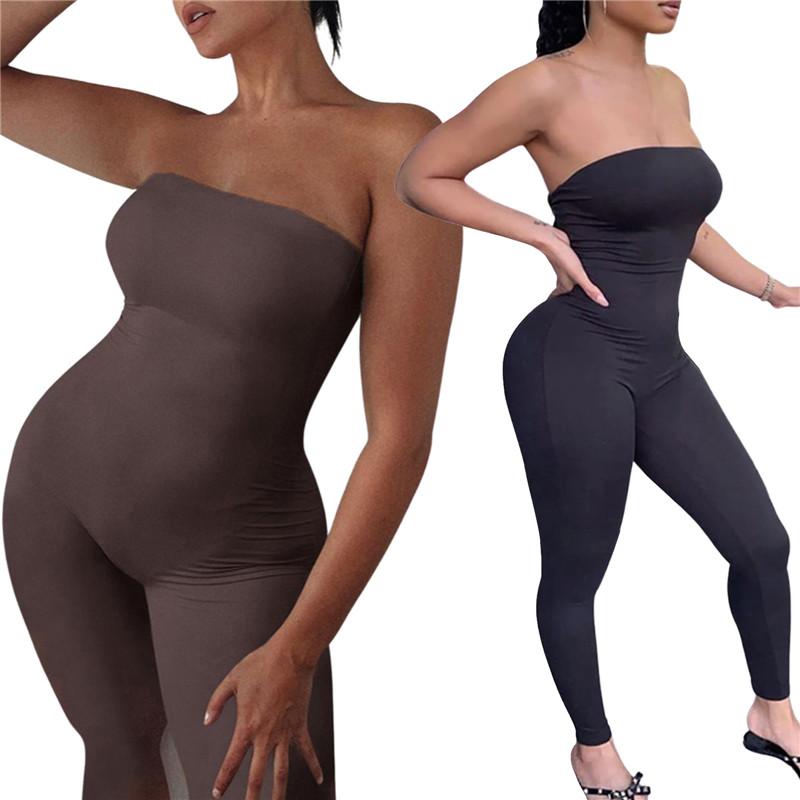 Women Slim-fitting Jumpsuit Summer Wrap Chest Off-the-shoulder Sleeveless Sexy One-piece Bodysuit Skinny Romper Black/Grey/Brown Women's Jum