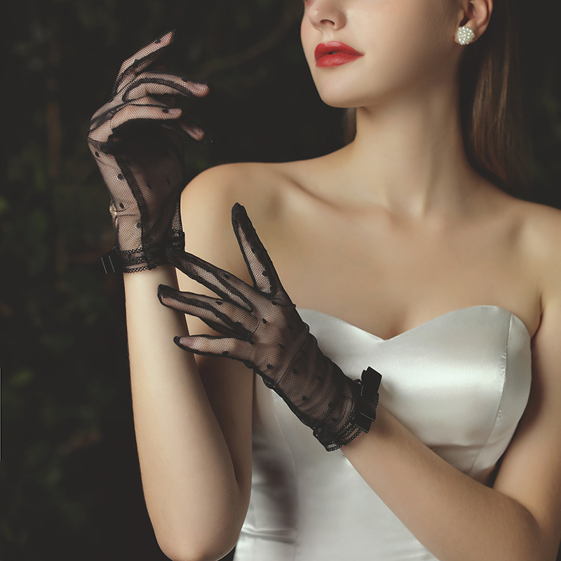 Wedding Gloves Transparent Dot Tulle Fishnet Gloves Black Ivory Wrist Length Bridal Finger Short Gloves