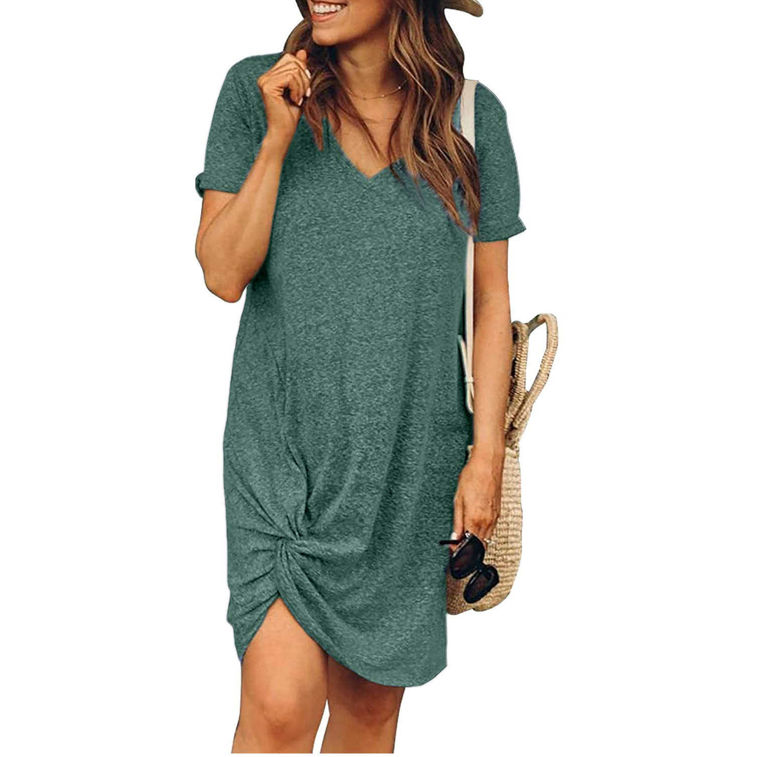 Summer Ladies V-Neck Short Sleeve Side Knotted Dress Female Casual Loose Knee Length Irregular Dresses Plus Size Women Clothing 210604