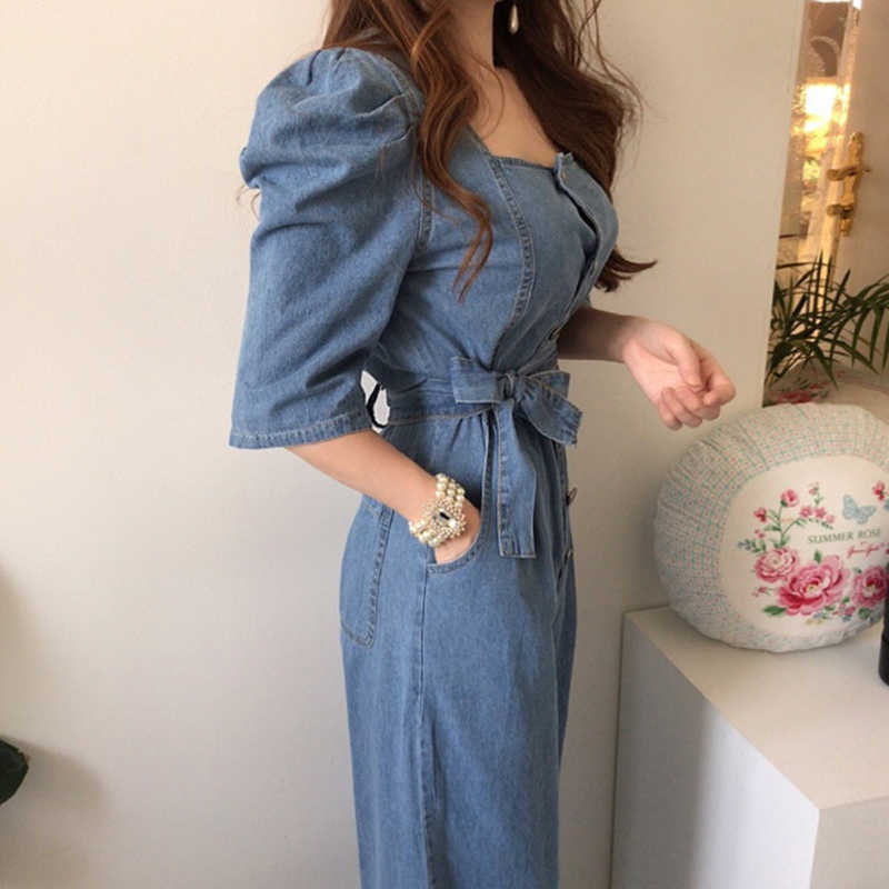 Korejpaa Women Jumpsuits Summer Retro Temperament Square Collar Metal Button Lace Double Pocket Puff Sleeve Denim Jumpsuit 210526