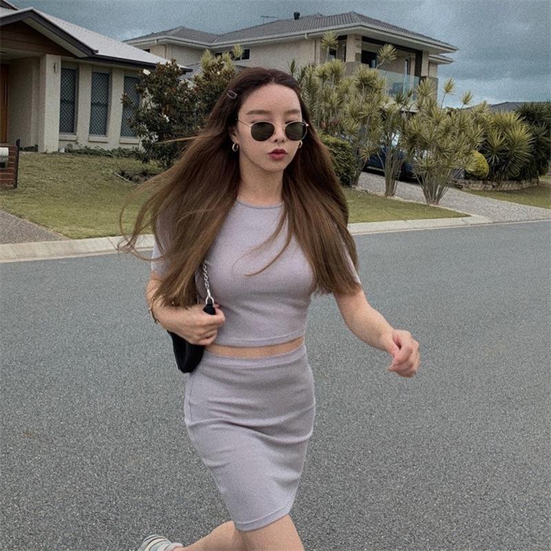 Summer Women Set Sexy Knitted Black Short Sleeve O-Neck Tops Female Fashion Two Piece Mini Casual Slim Korean Dress