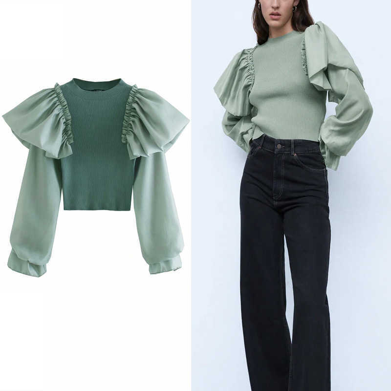 Za Knit Top Women Ruffled Organza Blouse O-neck Long Sleeve Ribbed Trim Feminine Patchwork Autumn Knitted Blouses 210602, Green
Za Knit Top Women Ruffled Organza Blouse O-neck Long Sleeve Ribbed Trim Feminine Patchwork Autumn Knitted Blouses 210602, Green