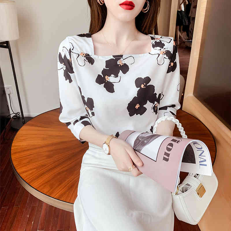 Floral Print Blouses Women Tops Square Collar Silk Fashion Temperament Clothes Summer Three Quarter Sleeve 14287 210506