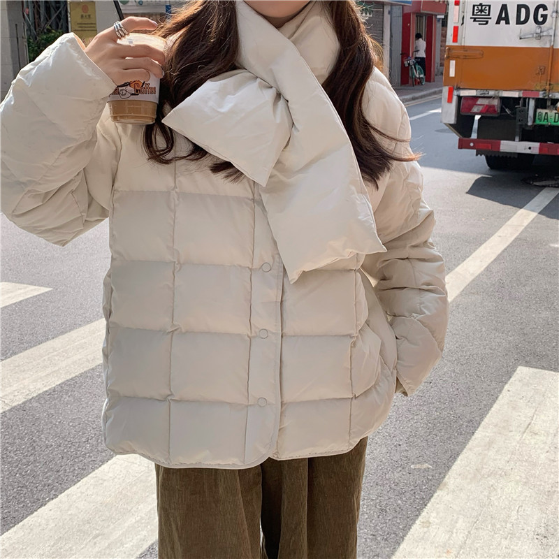 Winter Jacket Women Solid Basic Coat OL Loose Thicken Warm Cotton Padded Bread Clothes Parkas with Scarf 210421