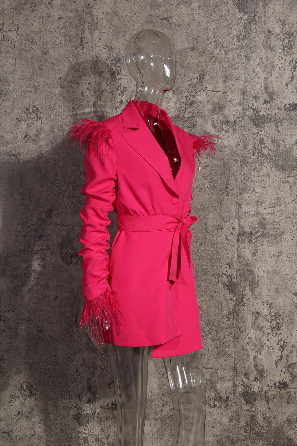 Autumn Feather Fur Ruched Pleated Long Sleeve Blazer Retro Women Notched Collar Tie Bow Sashes Mid Suit Fashion Coat 210429