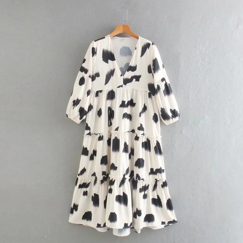 Women Ink Wash Printing Ruffle Tiered Dress Female Three Quarter Sleeve Loose Clothes Casual Lady Vestido D6707 210430Z