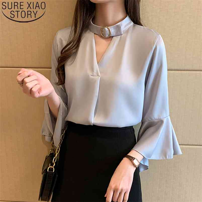 Fashion Women Summer Casual Shirts Office Lady Short Sleeve Blouse Korean Ruffled V-neck Solid Clothing Blusas 10493 210506