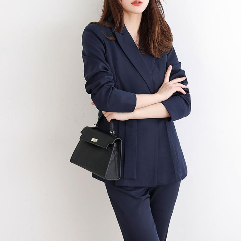 Professional Women Blazer Pants Suit OL Elegant Business Wear Lace-up Blazers + Suits 2 Piece Sets 210421