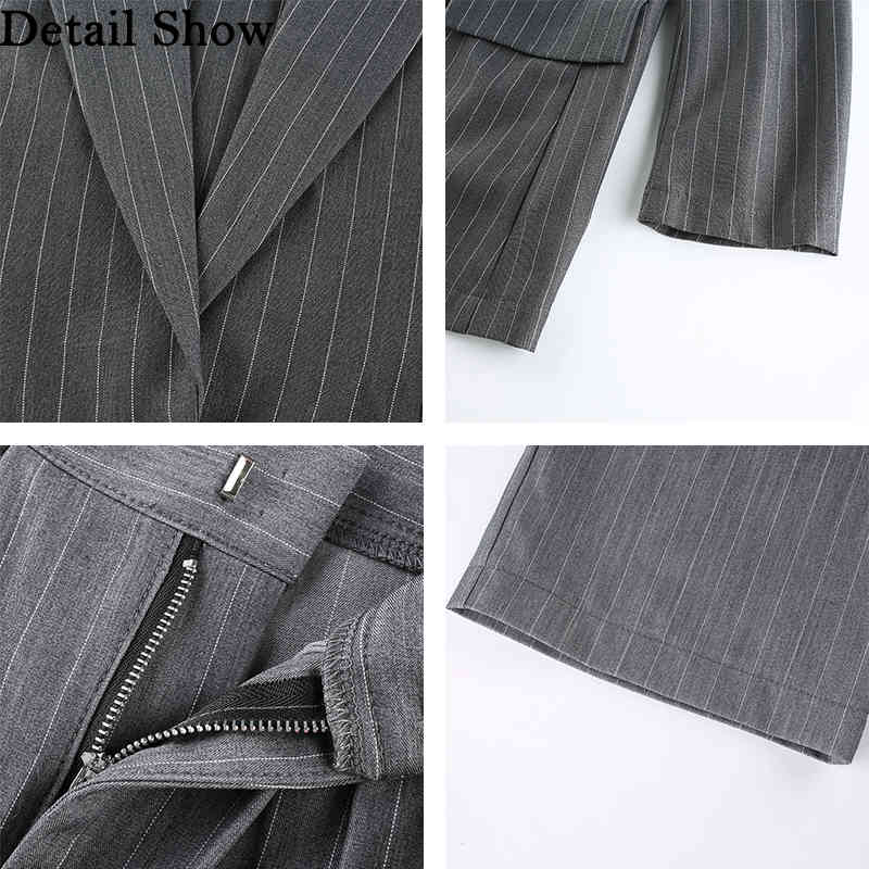 Rapwriter Streetwear Striped Blazer And Straight High Waist Suit Pant Two Piece Suit Set Women Outfits Trend Clothes Female 210331