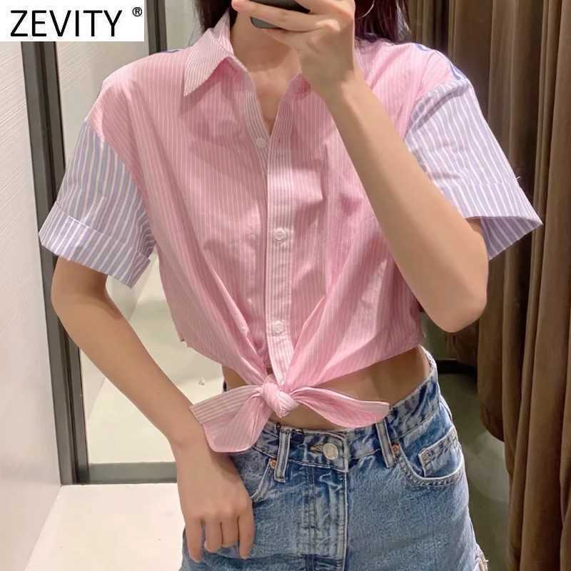 Zevity Women Sweet Patchwork Striped Print Pink Short Smock Blouse Female Hem Bowknot Breasted Shirt Chic Crop Tops LS9210 210603