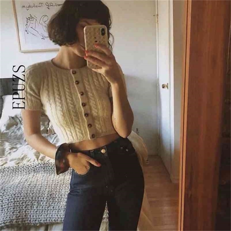 Sexy short sleeve crop cardigan women sweater vintage black white knitted fall korean winter tops 210521