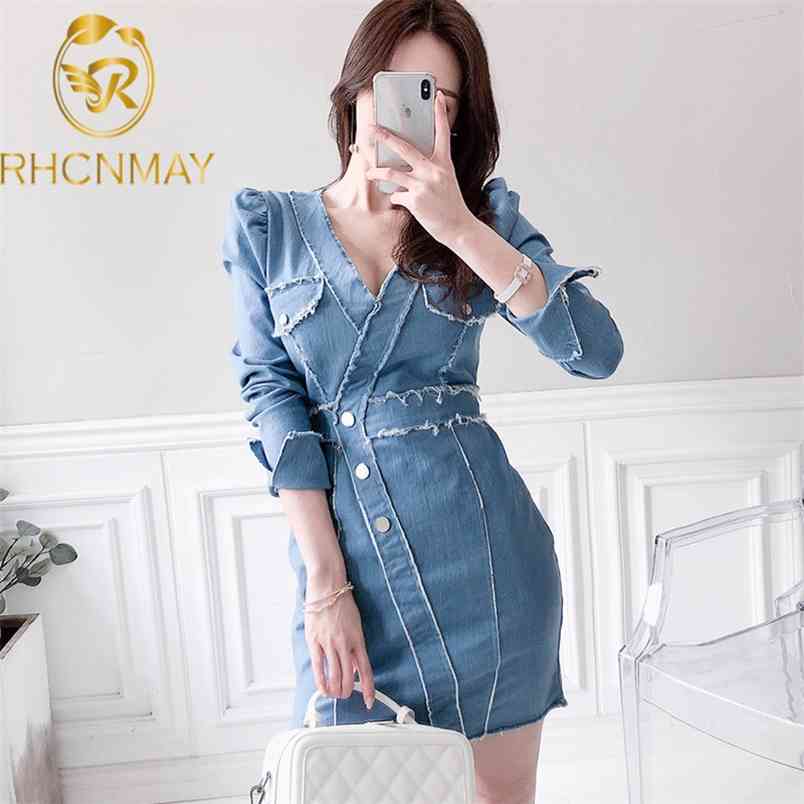 Summer Sexy Bodycon Cowboy Dress Women Fashion Slim High Waist Denim es Female V-neck Tassel Sheath Vestidos 210506