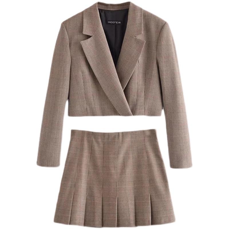 Pcs/ Set Long Sleeve Cropped Blazer Pleated Mini Skirt Office Lady Suit 2021 Zora Womens Casual Blaser Two Piece Dress