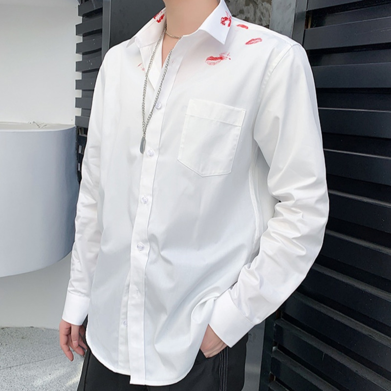IEFB Men's Clothing Lipstick Printed White Shirt Spring Summer Korean Streetwear Fashion Long Sleeve Tops 9Y6060 210524