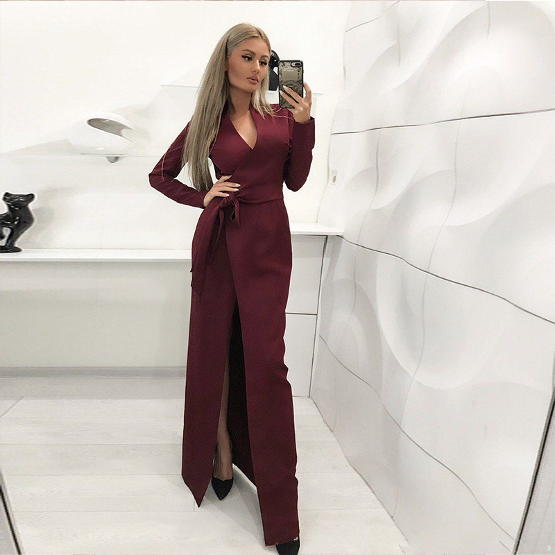 Women Dress Temperament Maxi es V Neck Long Sleeve Split Vintage Lace Up High Waist Slim Ladies es 210513