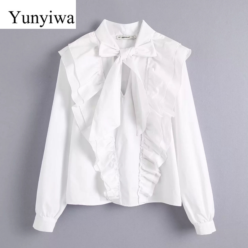 Women Sweet Bow Tied Cascading Ruffles White Blouse Stand Collar Agaric Lace Smock Shirt Femininas Chic Blusas Tops, As picture
Women Sweet Bow Tied Cascading Ruffles White Blouse Stand Collar Agaric Lace Smock Shirt Femininas Chic Blusas Tops, As picture