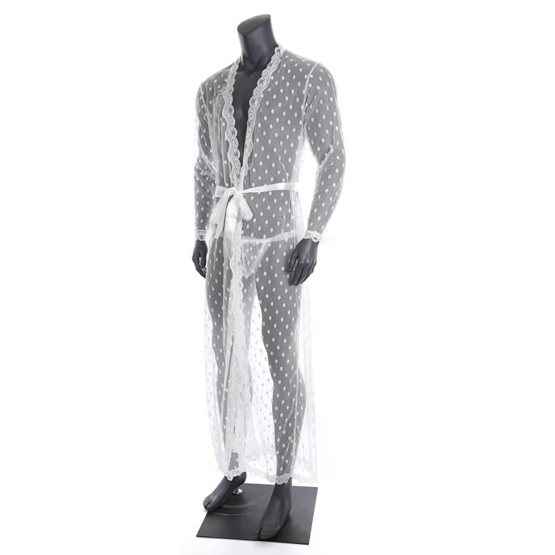 

Men's Sleepwear Mens Sexy Long Robe Transparent Lace Cardigan Bathrobe One-piece Lungewear Nightwear With T-back Belt, White