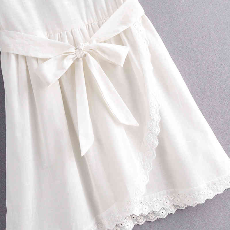 Women Lace Patchwork White Cotton Dresses Short Sleeve Solid Casual Sashes Female O Neck Summer Elegant Mini 210515