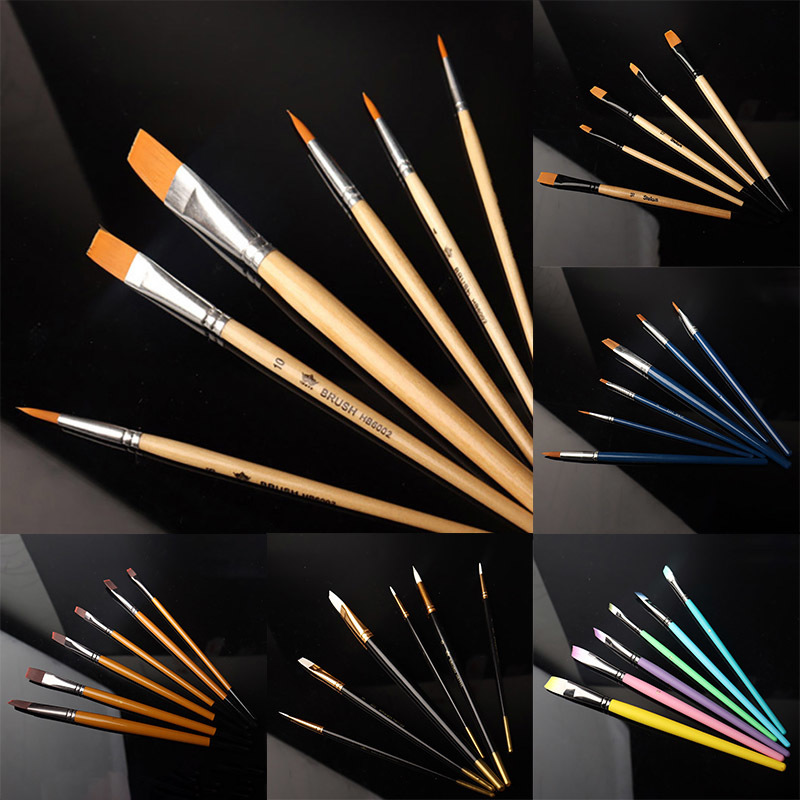 6Pcs/Set Watercolor Paint Pen Flat Peak Nylon Hair Oil Painting Brushes Drawing Art Supplies Multi Purpose Wooden Handle