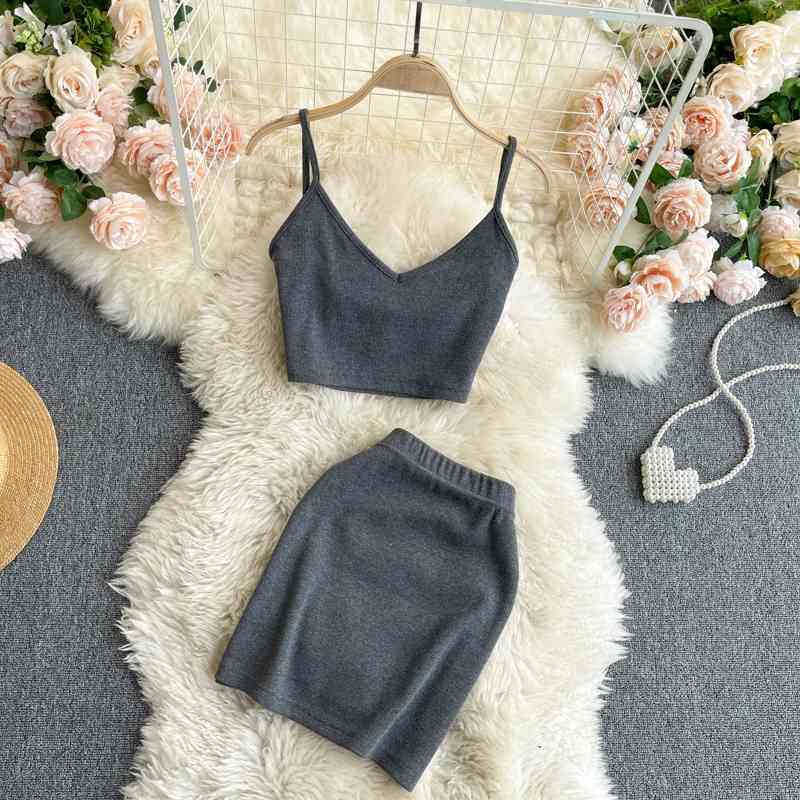 DEAT Women Two Piece Set High Elastic Waist Skirt V-neck Open Back Versatile Slim Vest Fashion Spring Summer 11B506 210709