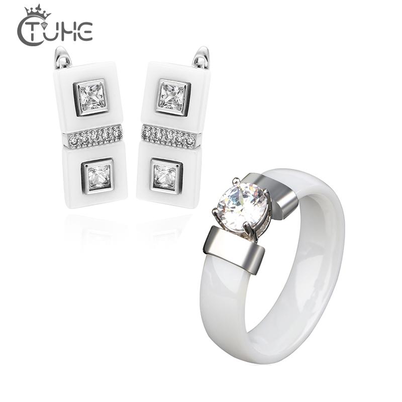 Earrings & Necklace Elegant White Ceramic Jewelry Set 6mm Big Crystal Ring For Women Rectangle Stud Fashion Wedding Gifts, Silver
Earrings & Necklace Elegant White Ceramic Jewelry Set 6mm Big Crystal Ring For Women Rectangle Stud Fashion Wedding Gifts, Silver