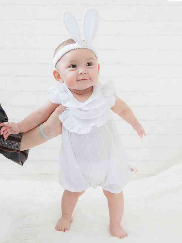 Baby Solid Swiss Dot Ruffle Trim Romper With Headband SHE
