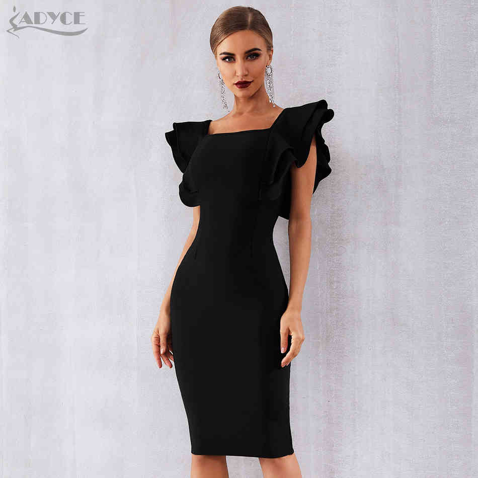 Summer Women Black Bodycon Bandage Dress Sexy Ruffles Butterfly Sleeve Club Celebrity Evening Runway Party 210423