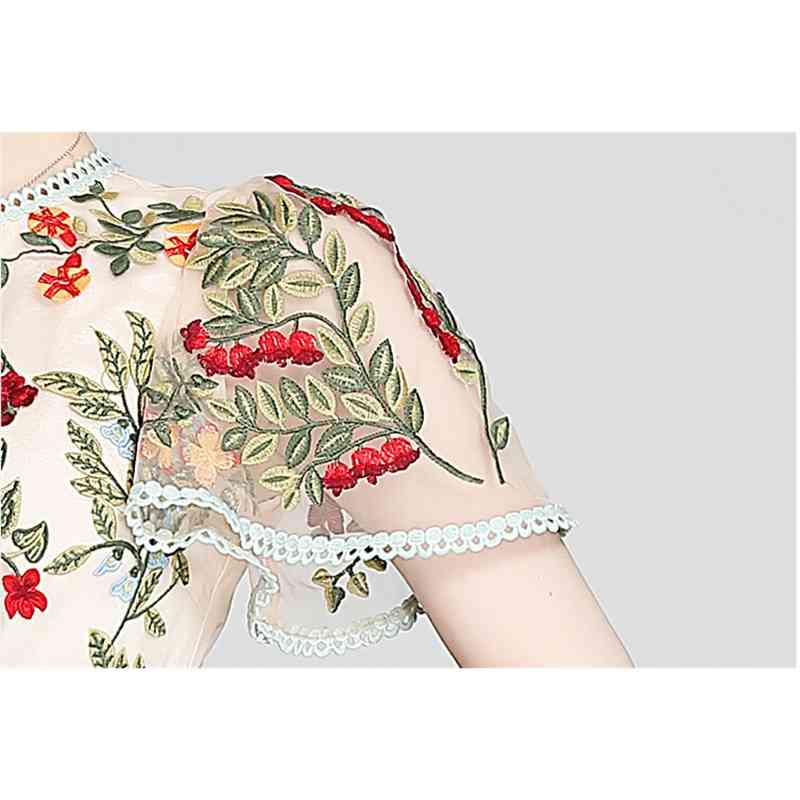 Fashion Runway Summer Dress Women's Flare Sleeve Floral Embroidery Elegant Mesh Hollow Out Mini Dresses Vestidos 210520