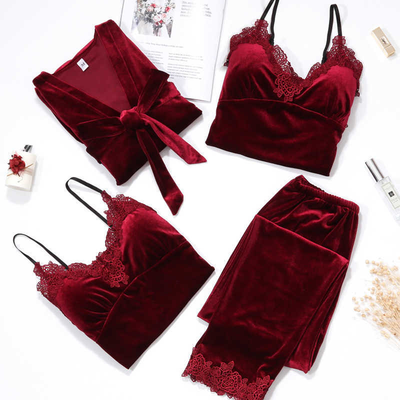 JULY'S SONG Women Winter Velvet 4 Piece Sexy Pajamas Set Dressing Gown Lace Sling Shorts Warm Robe Sleepwear Woman Pajamas 210924