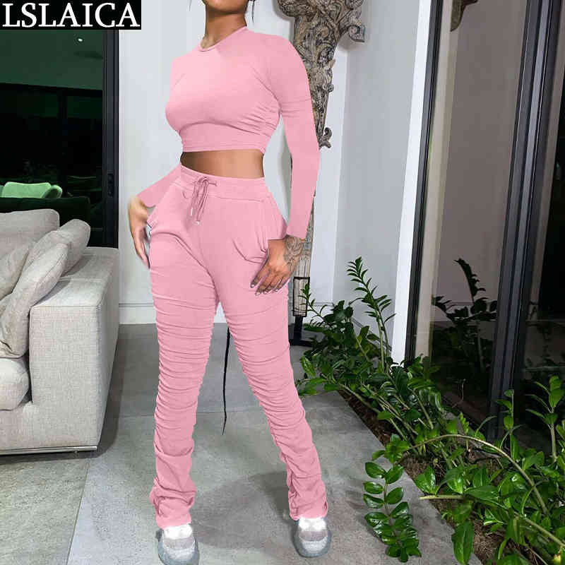 2 Peice Set Women Solid Long Sleeve o Neck Crop Top Drawstring Stacked Pants Sweatsuit Autumn Casual Outfits Slim Tracksuit Ropa 210515