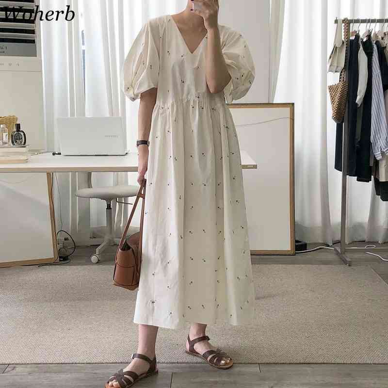 Summer Casual V-neck Long Dress Women Floral Embroidery Korean Loose Elegant Dresses Ladies Cute Chic Robe Vestidos 210519
