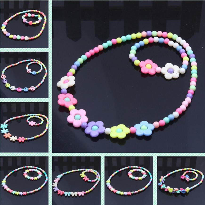 Kids Beaded Necklace Bracelet Jewelry Set Fashion Cute Pink White Pearl Pendant Accessories