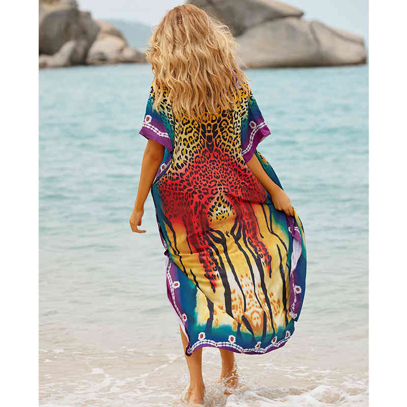 Quick-drying Swimwear Cover-ups Bohemian Leopard Printed Summer Dress Cotton Tunic Women Beach Wear Swim Suit Cover Up Q990 210420