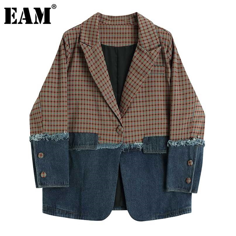 [EAM] Women Plaid Denim Split Big Size Blazer Lapel Long Sleeve Loose Fit Jacket Fashion Spring Autumn 1DC811 211122