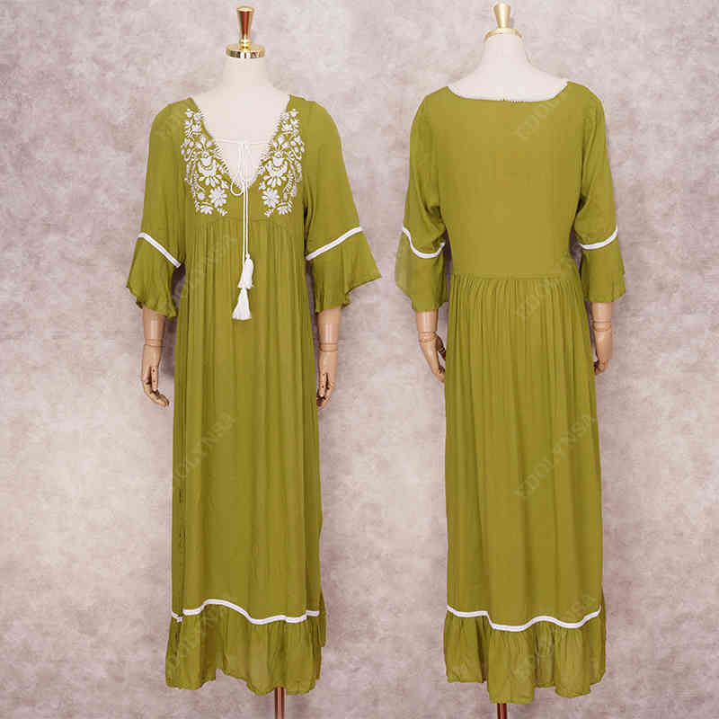 Spring Green Boho Cotton Bikini Cover-ups Sexy Deep V-neck Tassel Summer Dress Women Beach Wear Swim Suit Cover Up A510 210420