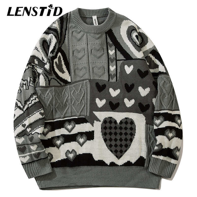 LENSTID Men Hip Hop Knitted Jumper Sweaters Heart Color Block Streetwear Harajuku Autumn Loose Fashion Casual Pullovers 211008