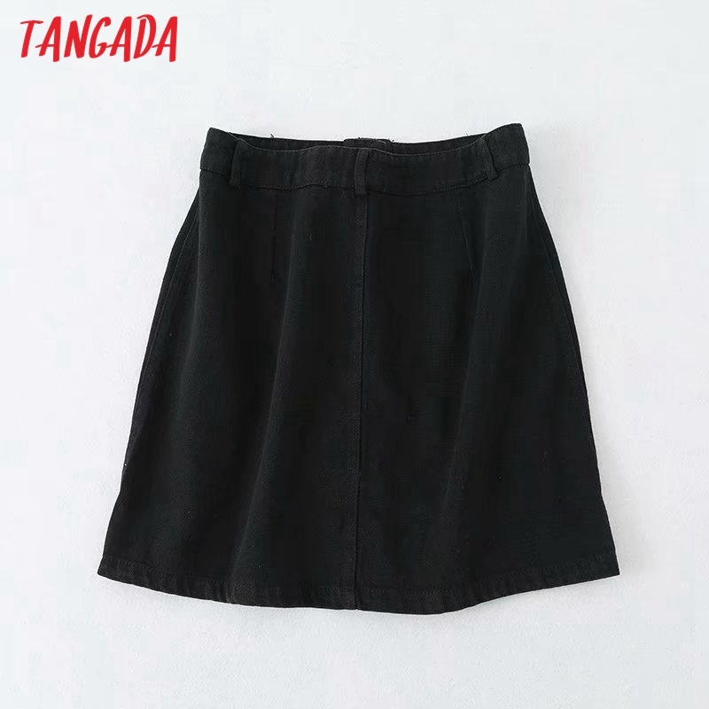 Women Black Denim Skirts Beading Buttons French Style Female Mini Skirt 5B14 210416