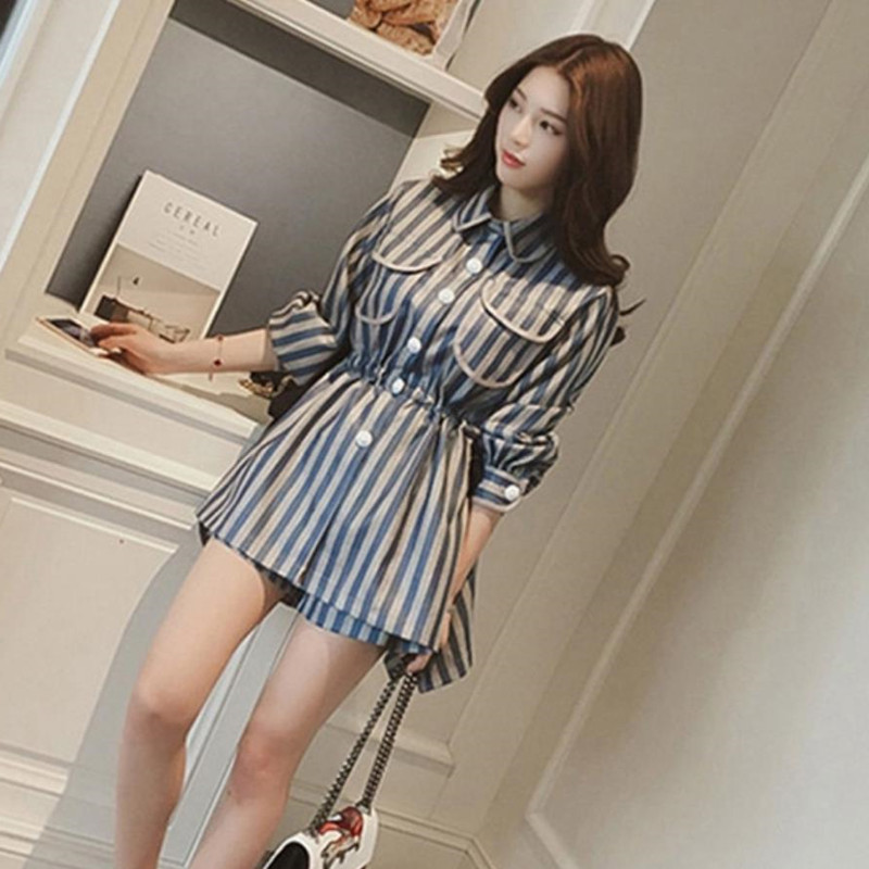 2 Piece Set Vintage Women Elegant Striped Drawstring Waist Long Sleeve Blouse Tops + High Shorts Casual Fashion Suit 210519