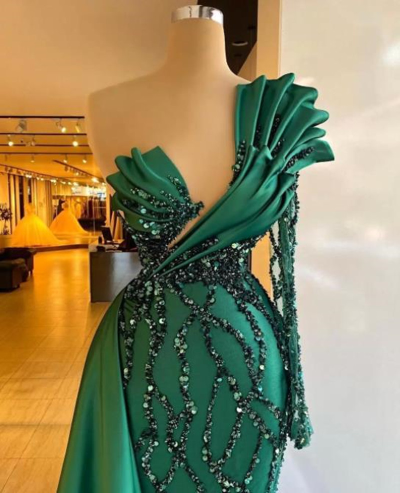 One Shoulder Mermaid Prom Dresses 2022 Long Sleeve Full Beaded Lace Stain Hunter Green Aso Ebi Evening Eneagament Dress