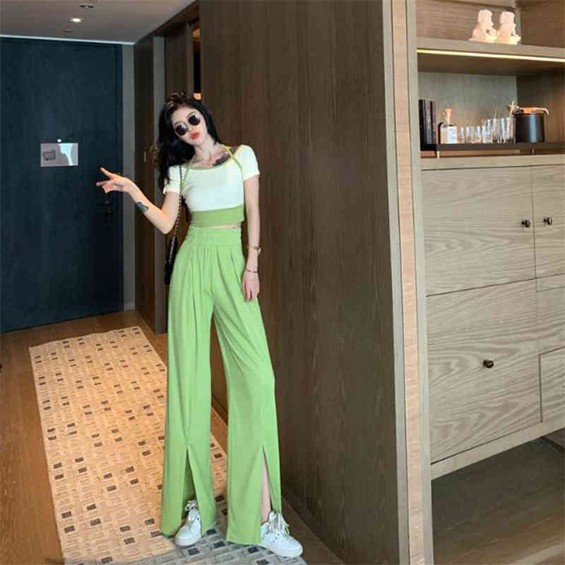 Summer Split Wide Leg Straight Pants +Short Sleeve Tee 2 Pieces High Waist Casual Streetwear Trouser Sets Women Fashion Suits 210510