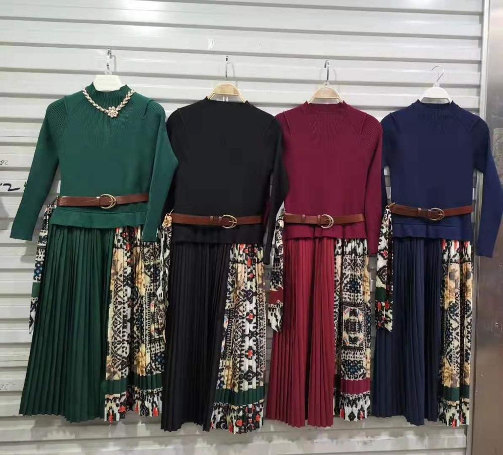 Comelsexy Autumn Women Casual O-neck Dress Knitting Patchwork Fashion Elegant Pleated A-line Loose Knee-Length Office Lady Dress 210515