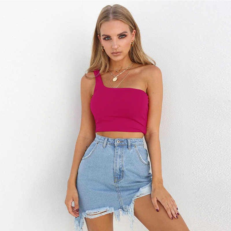 Summer Sexy Sleeveless One Shoulder Backless Tank Tops Black Slash Neck Bodycon Crop High Street Women Corset Camis 210604