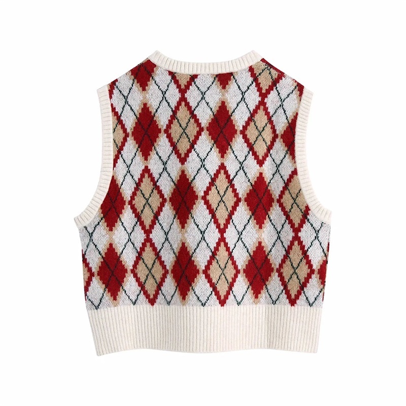 Women Fashion Diamond Check Knitted Vest Sweaters Vintage V Neck Side Vents Female Waistcoat Chic Jumper Tops 210520