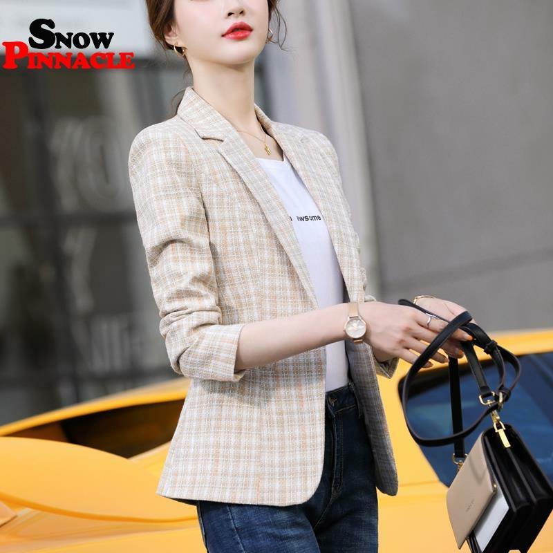 Women Blazer Autumn Slim single button Plaid Pockets Jackets Female Retro Suits Coat Feminino blazers 210524